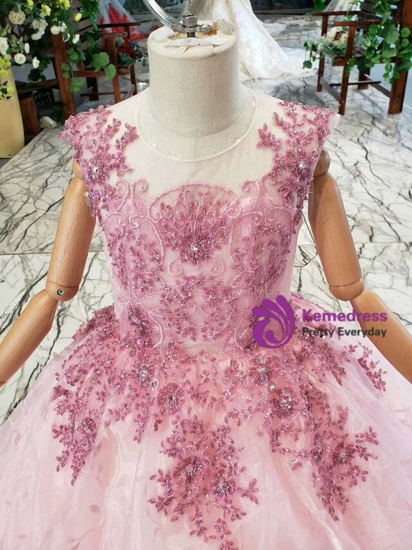 Popular Pink Ball Gown Tulle Beading Embroidery Long Flower Girl Dress