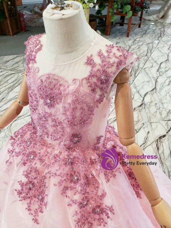 Popular Pink Ball Gown Tulle Beading Embroidery Long Flower Girl Dress