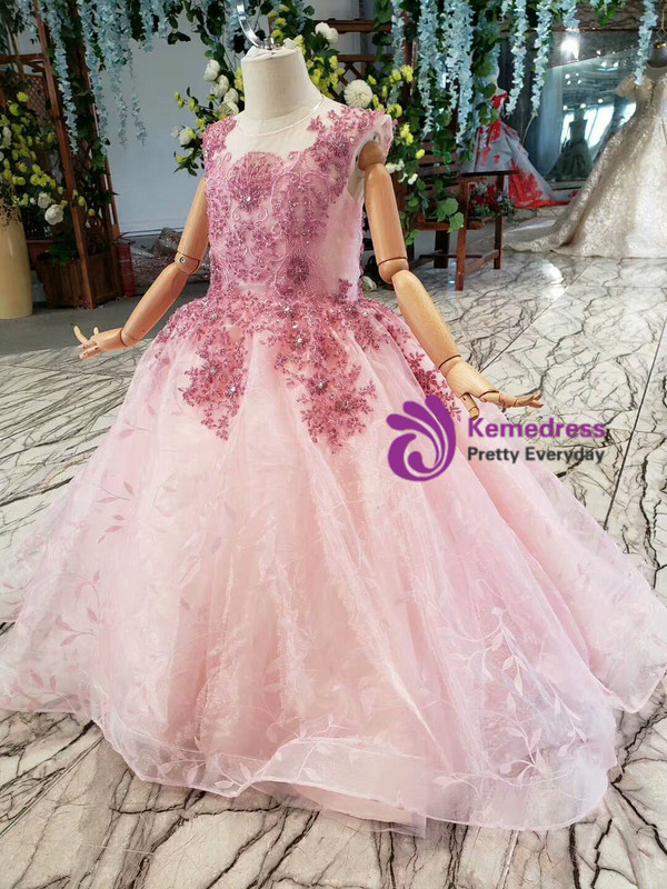 Popular Pink Ball Gown Tulle Beading Embroidery Long Flower Girl Dress