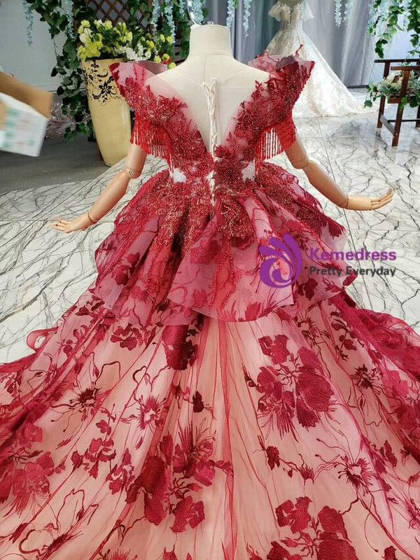 Beautiful Dark Red Ball Gown Tulle Embroidery Beading Flower Girl Dress With Train