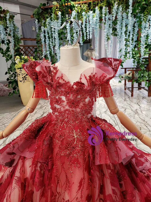 Beautiful Dark Red Ball Gown Tulle Embroidery Beading Flower Girl Dress With Train