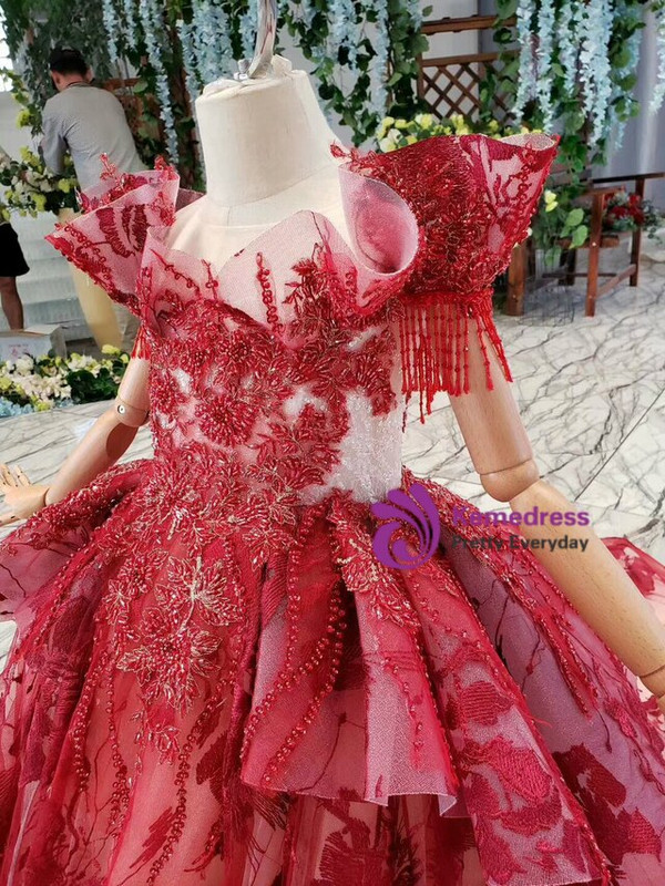 Beautiful Dark Red Ball Gown Tulle Embroidery Beading Flower Girl Dress With Train