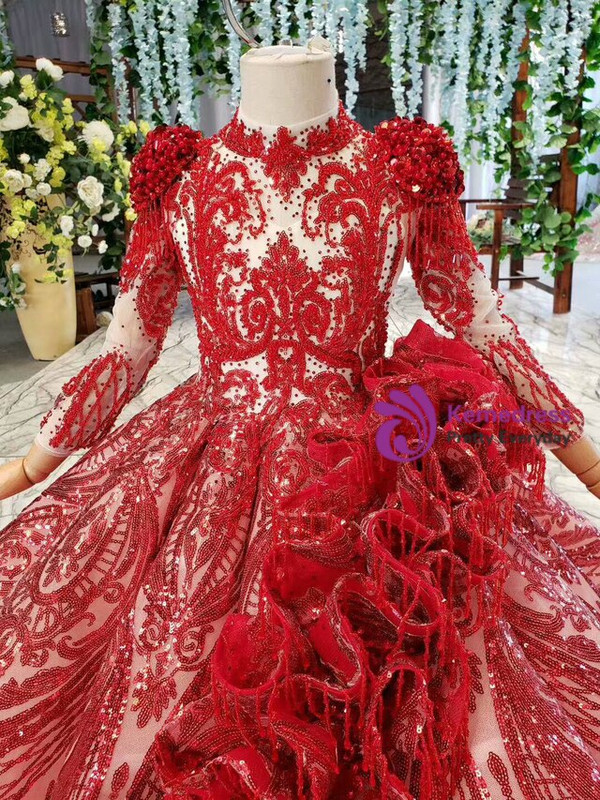 Luxury Red Ball Gown Sequins Long Sleeve High Neck Beading Floor Length Flower Girl Dress