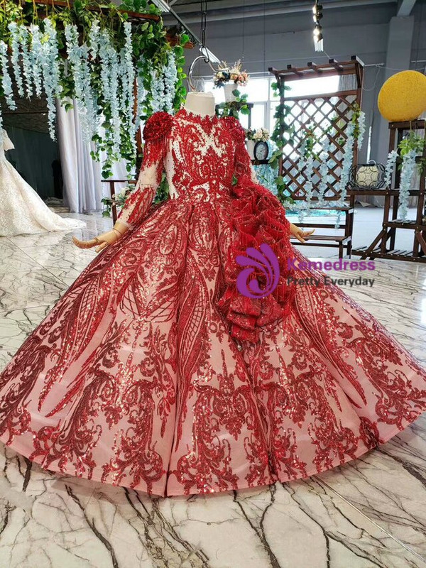 Luxury Red Ball Gown Sequins Long Sleeve High Neck Beading Floor Length Flower Girl Dress