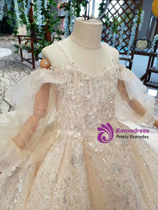 Champagne Sequins Spaghetti Straps Long Sleeve Flower Girl Dress With Long Train