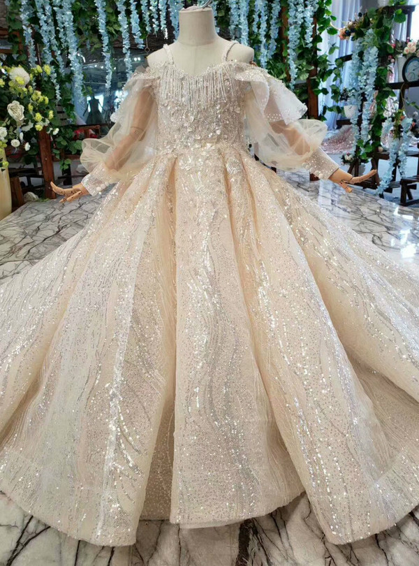 Champagne Sequins Spaghetti Straps Long Sleeve Flower Girl Dress With Long Train