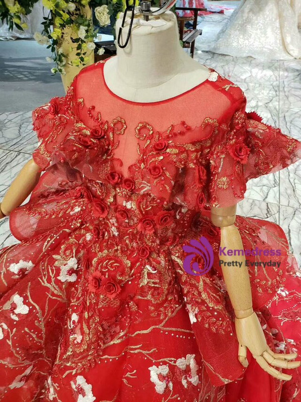 Red Ball Gown Tulle Embroidery Appliques Beading Cap Sleeve Flower Girl Dress