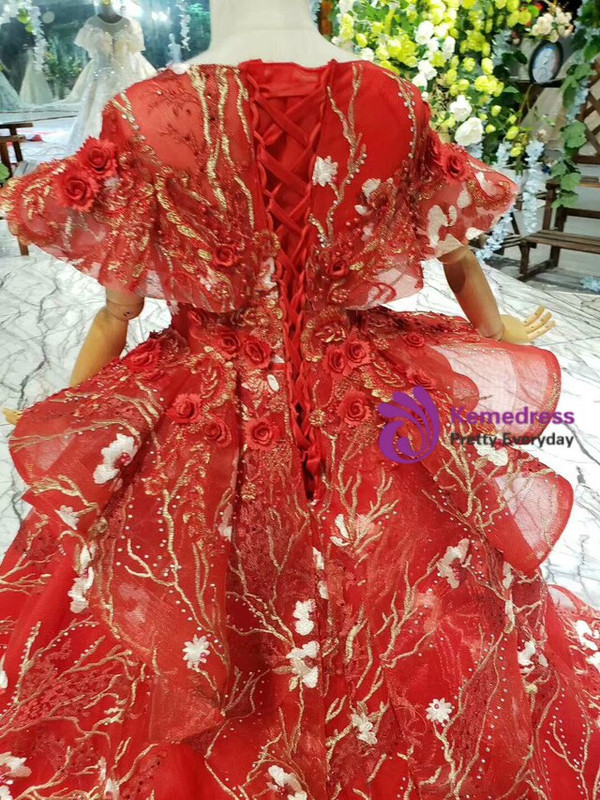 Red Ball Gown Tulle Embroidery Appliques Beading Cap Sleeve Flower Girl Dress