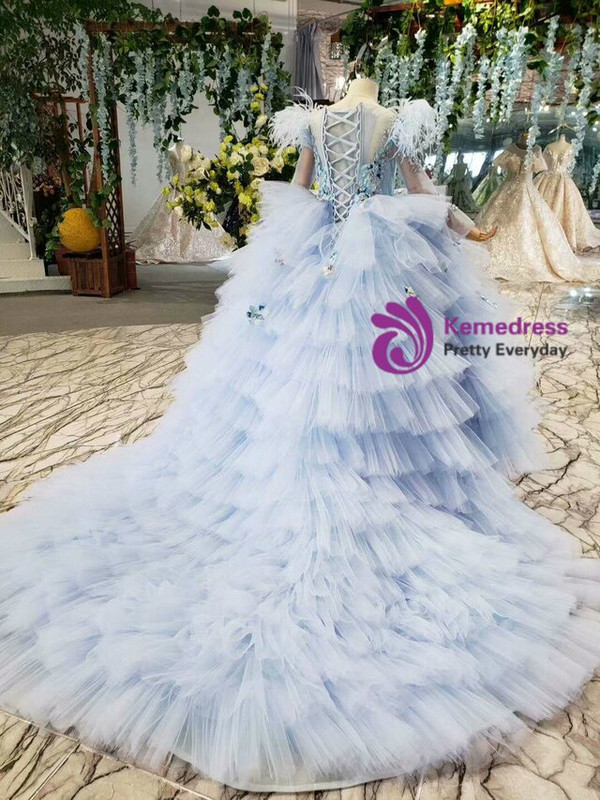 Fashion Blue Tulle Embrodiery Appliques Long Sleeve Flower Girl Dress With Feather