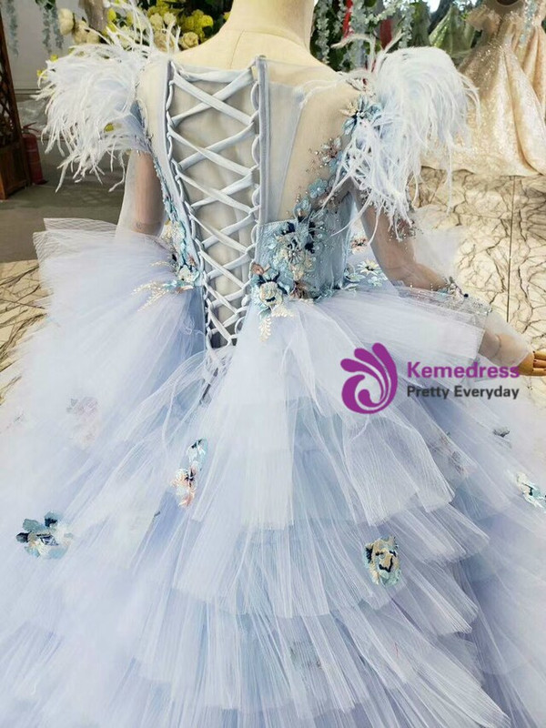Fashion Blue Tulle Embrodiery Appliques Long Sleeve Flower Girl Dress With Feather