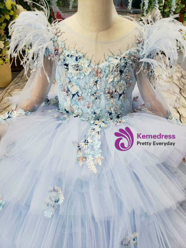 Fashion Blue Tulle Embrodiery Appliques Long Sleeve Flower Girl Dress With Feather