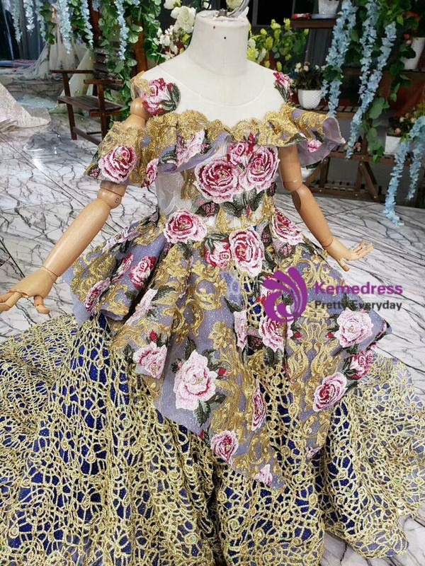 Blue Ball Gown Gold Lace Embroidery Flower Flower Girl Dress With Bow