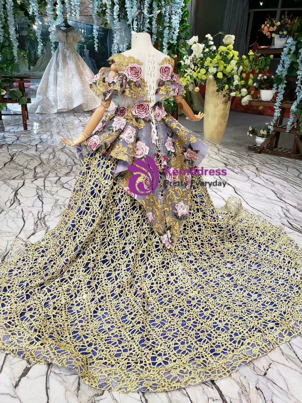Blue Ball Gown Gold Lace Embroidery Flower Flower Girl Dress With Bow