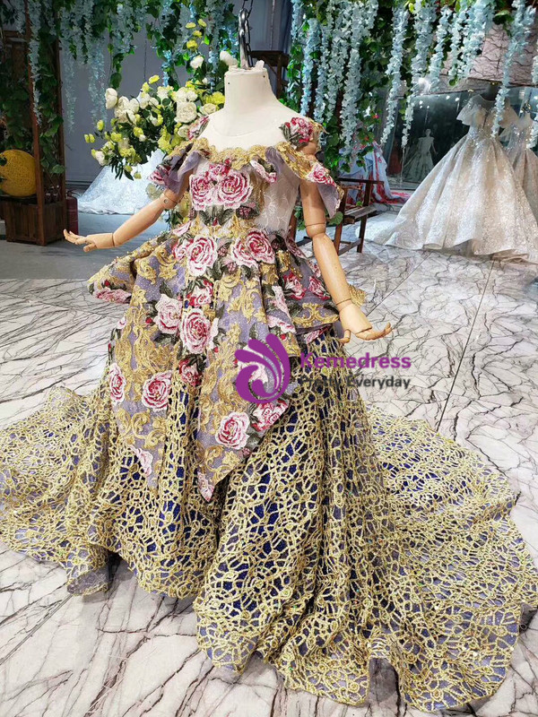 Blue Ball Gown Gold Lace Embroidery Flower Flower Girl Dress With Bow