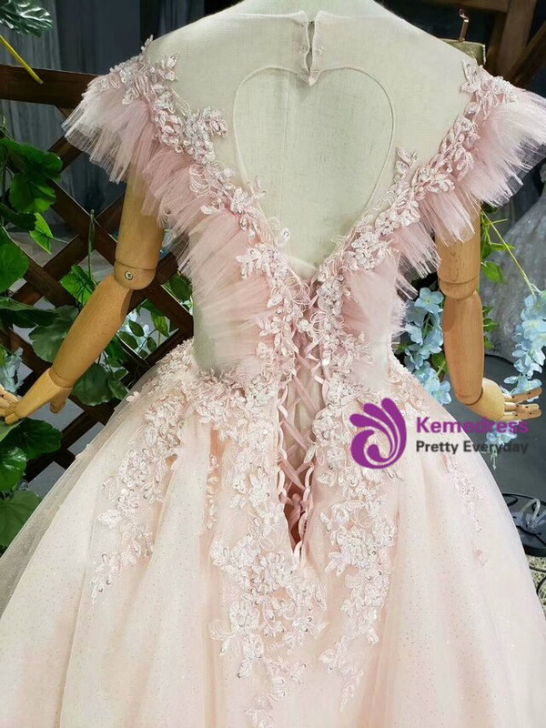 Fancy Pink Tulle Appliues Beading Sequins Backless Long Flower Girl Dress