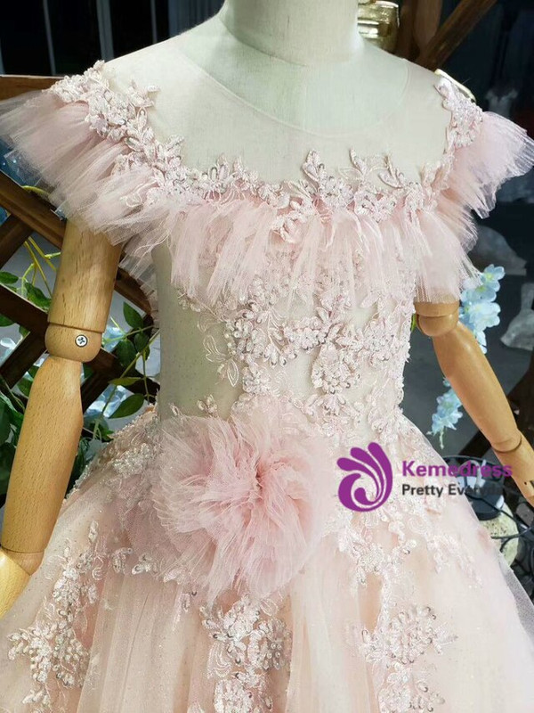 Fancy Pink Tulle Appliues Beading Sequins Backless Long Flower Girl Dress