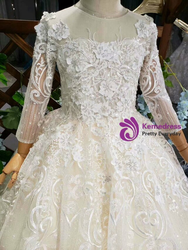 Light Champagne Sequins Appliques Long Sleeve Long Luxury Flower Girl Dress