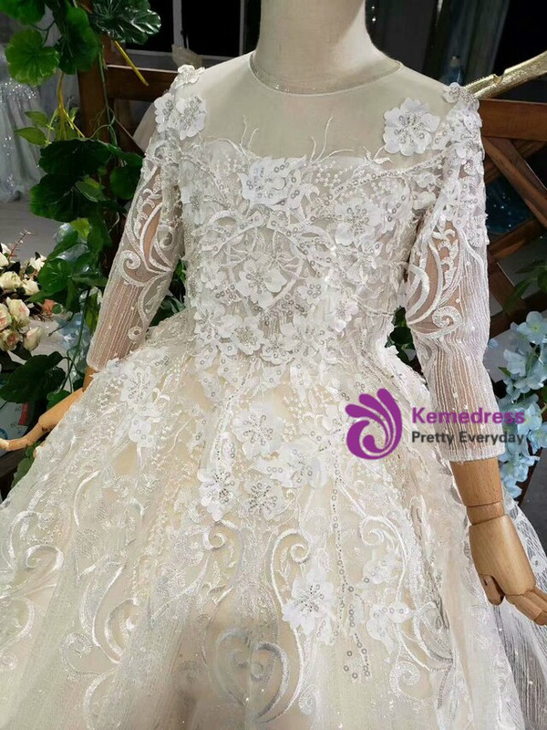 Light Champagne Sequins Appliques Long Sleeve Long Luxury Flower Girl Dress