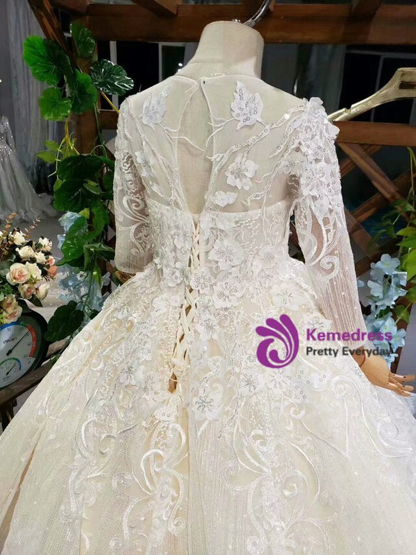 Light Champagne Sequins Appliques Long Sleeve Long Luxury Flower Girl Dress