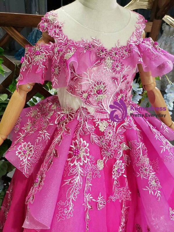 Fashionable Fuchsia Tulle Embroidery Appliques Long Flower Girl Dress