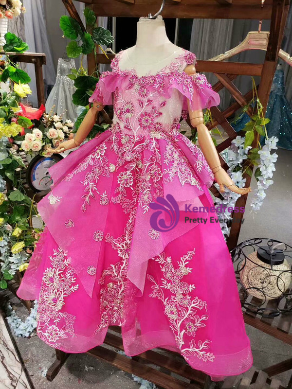 Fashionable Fuchsia Tulle Embroidery Appliques Long Flower Girl Dress