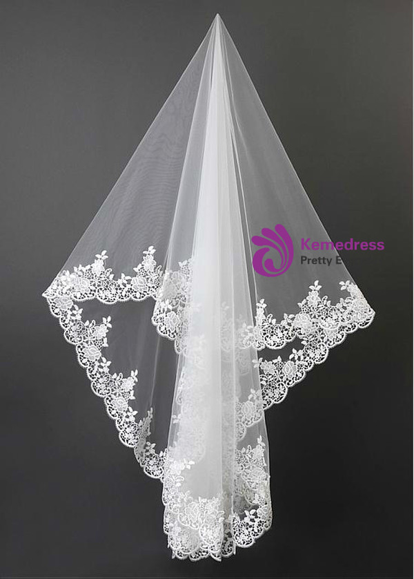 In Stock:Ship in 48 Hours Ivory Tulle Wedding Veil With Lace Appliques Edge