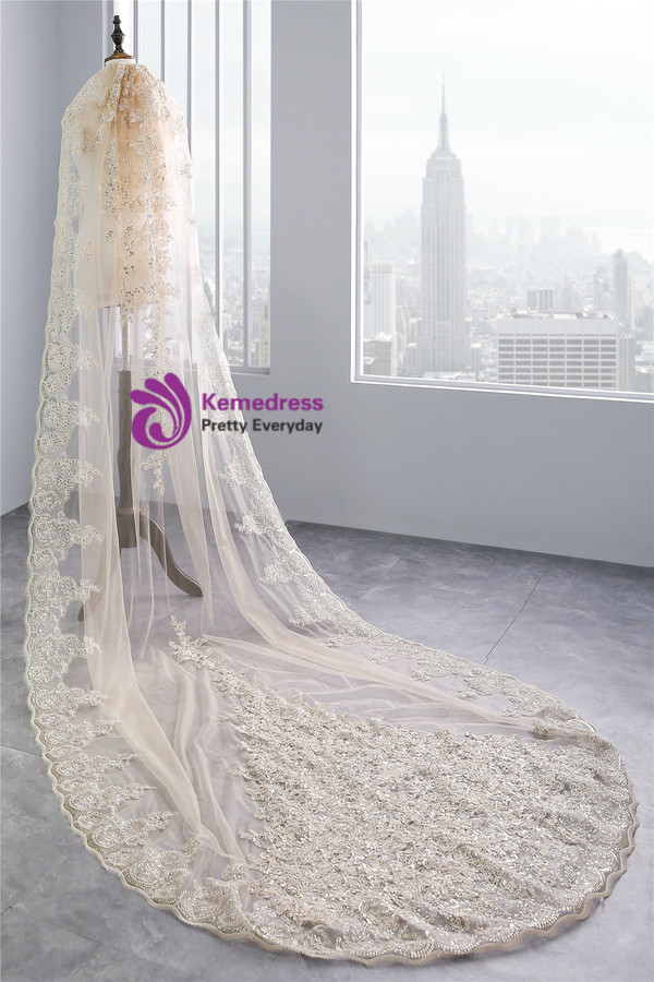 In Stock:Ship in 48 Hours Champagne Tulle Appliques Wedding Veils 