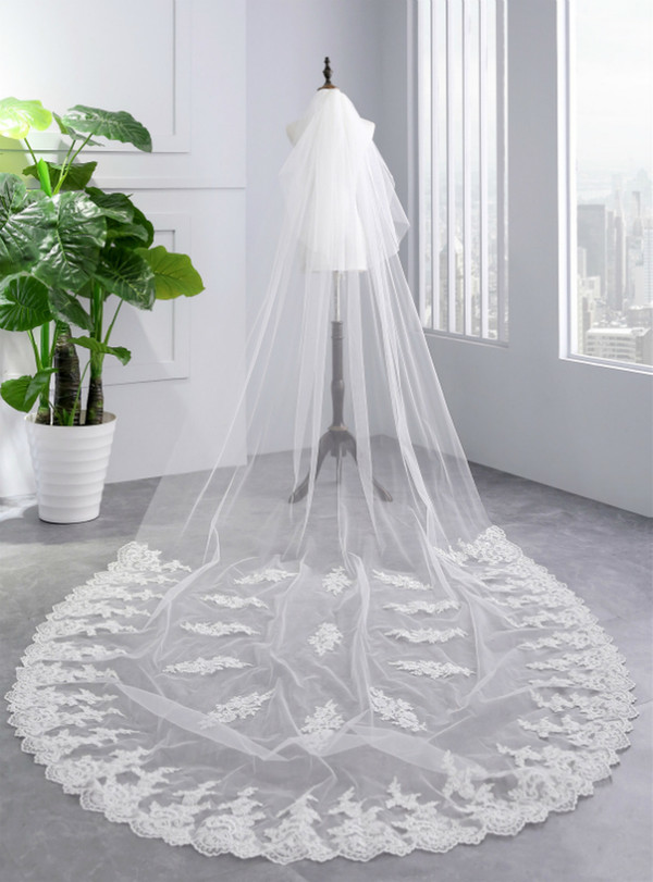 In Stock:Ship in 48 Hours White Tulle Appliques Long Bride Yarn Tulle Veils