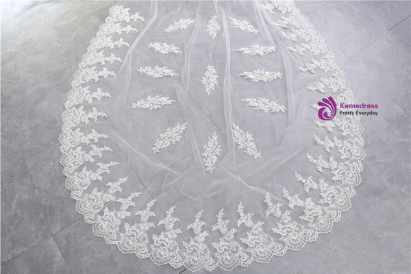 In Stock:Ship in 48 Hours White Tulle Appliques Long Bride Yarn Tulle Veils