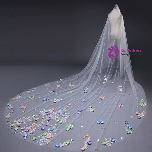 In Stock:Ship in 48 Hours White Tulle Colorful Handmade Flower Brides Veils