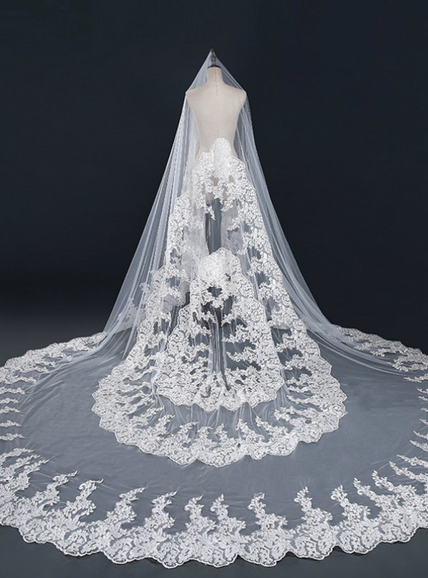 In Stock:Ship in 48 Hours Fashion White Tulle Lace Long Wedding Veils