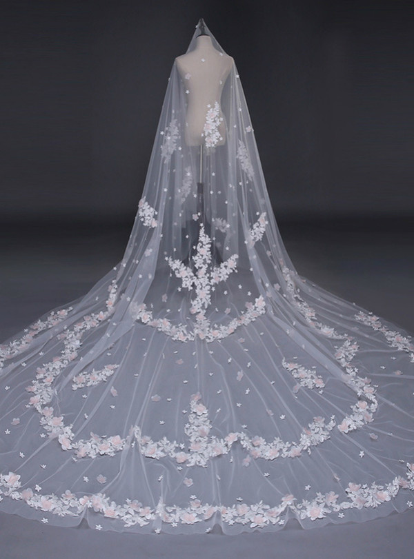 In Stock:Ship in 48 Hours Brides White Tulle Appliques Wedding Veils