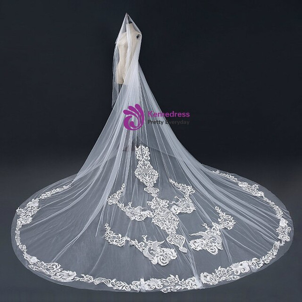 In Stock:Ship in 48 Hours Long White Tulle Appliques Wedding Brides Veils