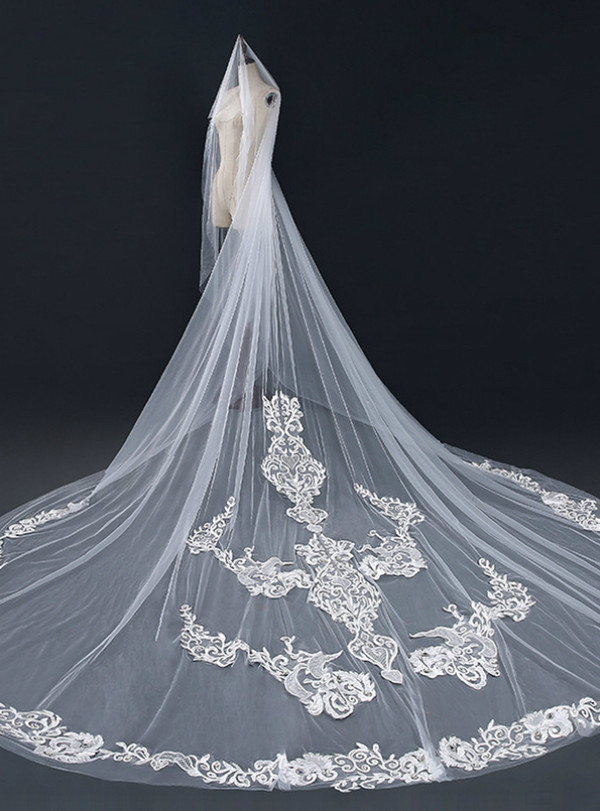 In Stock:Ship in 48 Hours Long White Tulle Appliques Wedding Brides Veils