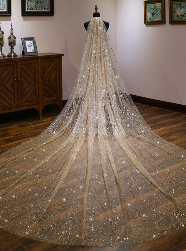In Stock:Ship in 48 Hours Fashion Champagne Gold Sequins Wedding Veils