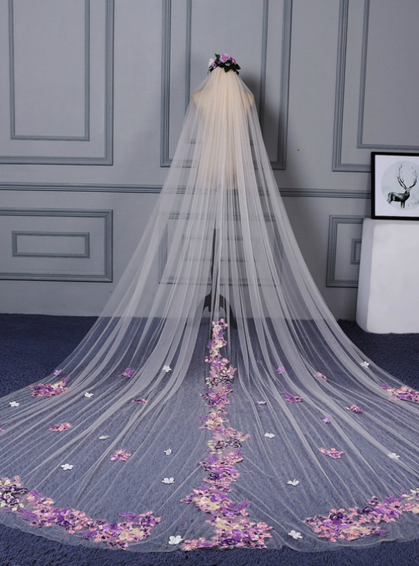In Stock:Ship in 48 Hours Ivory Tulle Flower Single Layer Stereo Wave Edge Yarn Wedding Veil