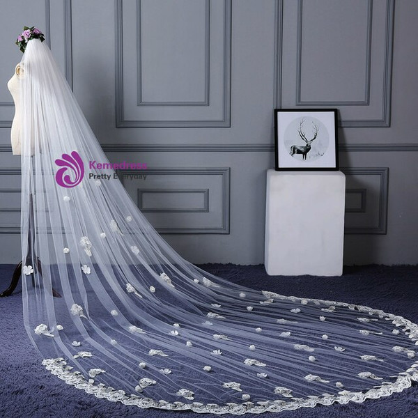 In Stock:Ship in 48 Hours White Long Trailing White Tulle Flower Wedding Veils