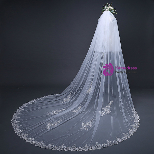 In Stock:Ship in 48 Hours White Tulle Lace Appliques Bridal Veil