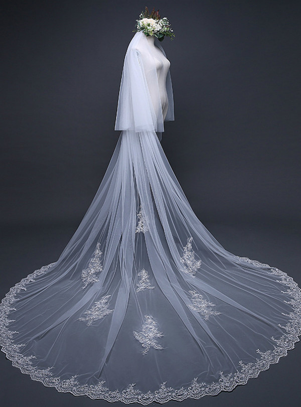 In Stock:Ship in 48 Hours White Tulle Lace Appliques Bridal Veil