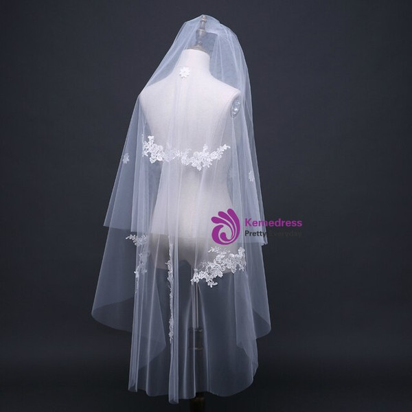 In Stock:Ship in 48 Hours White Tulle Appliques Double Veil Wedding Gauze 