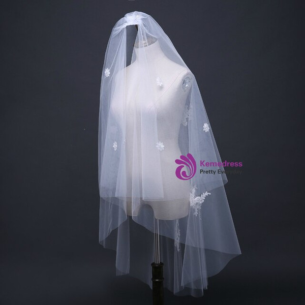 In Stock:Ship in 48 Hours White Tulle Appliques Double Veil Wedding Gauze 