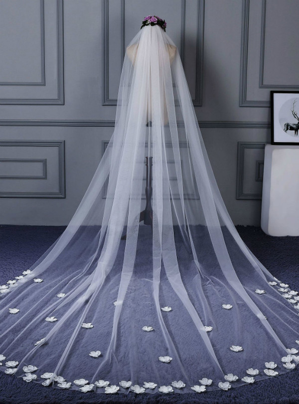 In Stock:Ship in 48 Hours White Tulle Flower Wedding Bride Long Veil