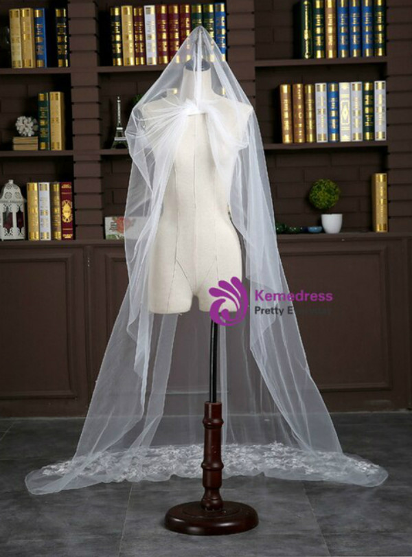 In Stock:Ship in 48 Hours Simple White Tulle Appliques Bride Veil
