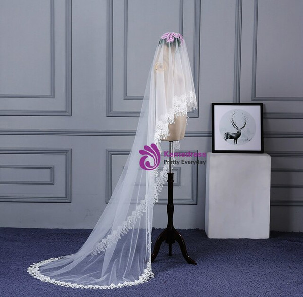 In Stock:Ship in 48 Hours White Tulle Lace Wedding Bride Veil