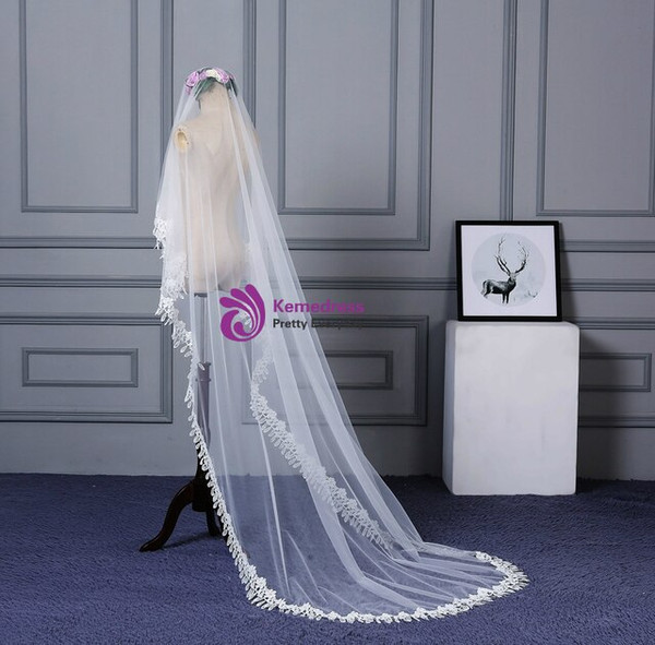 In Stock:Ship in 48 Hours White Tulle Lace Wedding Bride Veil