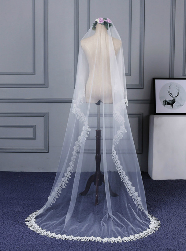 In Stock:Ship in 48 Hours White Tulle Lace Wedding Bride Veil