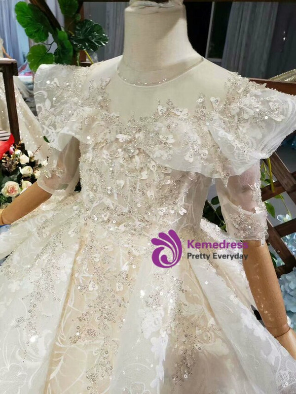 Champagne Tulle Appliques Sequins Beading Short Sleeve Backless Flower Girl Dress