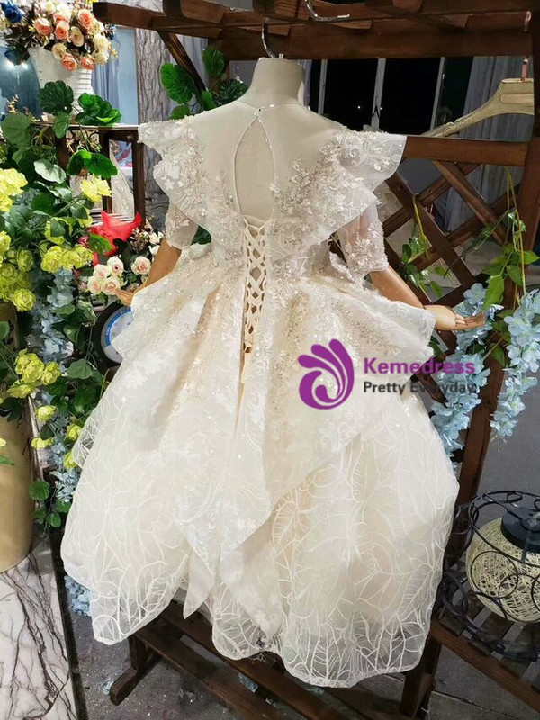 Champagne Tulle Appliques Sequins Beading Short Sleeve Backless Flower Girl Dress