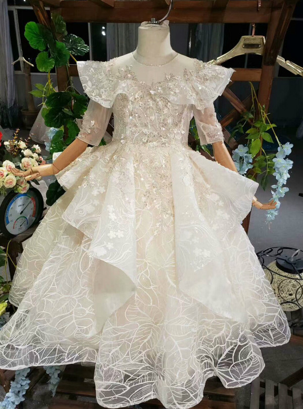 Champagne Tulle Appliques Sequins Beading Short Sleeve Backless Flower Girl Dress