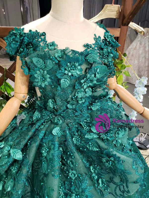 Green Ball Gown Tulle Appliques Cap Sleeve Beading Long Flower Girl Dress